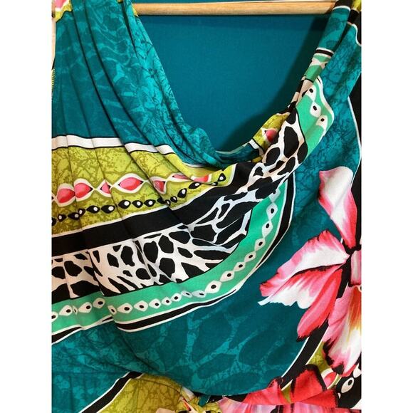 Laudrew Dress Womens 10 Turquoise Mixed Print Tropical Cowl Neck Midi Stretch - Picture 4 of 14